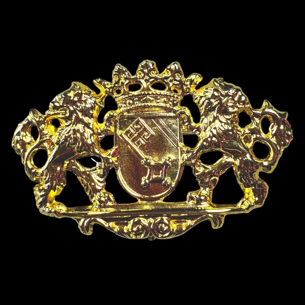 Vintage Dotty Smith Gold Tone Lion Crown Shield Crest Brooch Signed Heraldic Pin